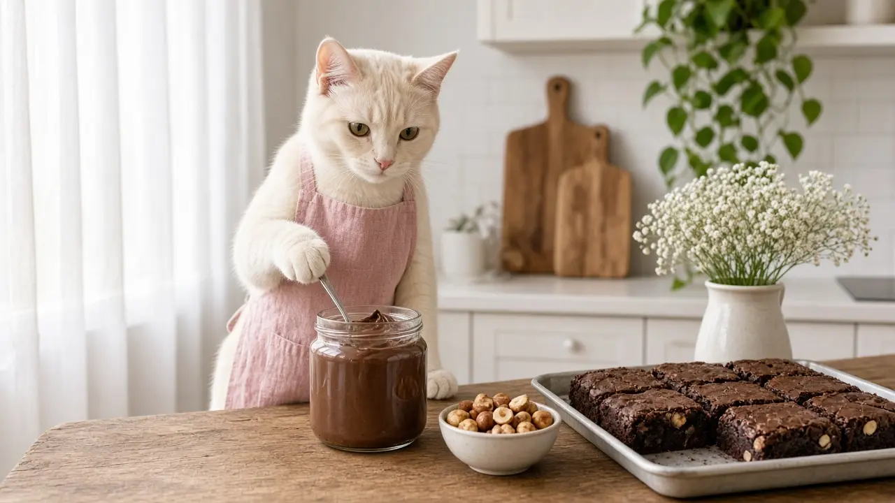 A cream-coloured cat in a pink apron, cooking this dish