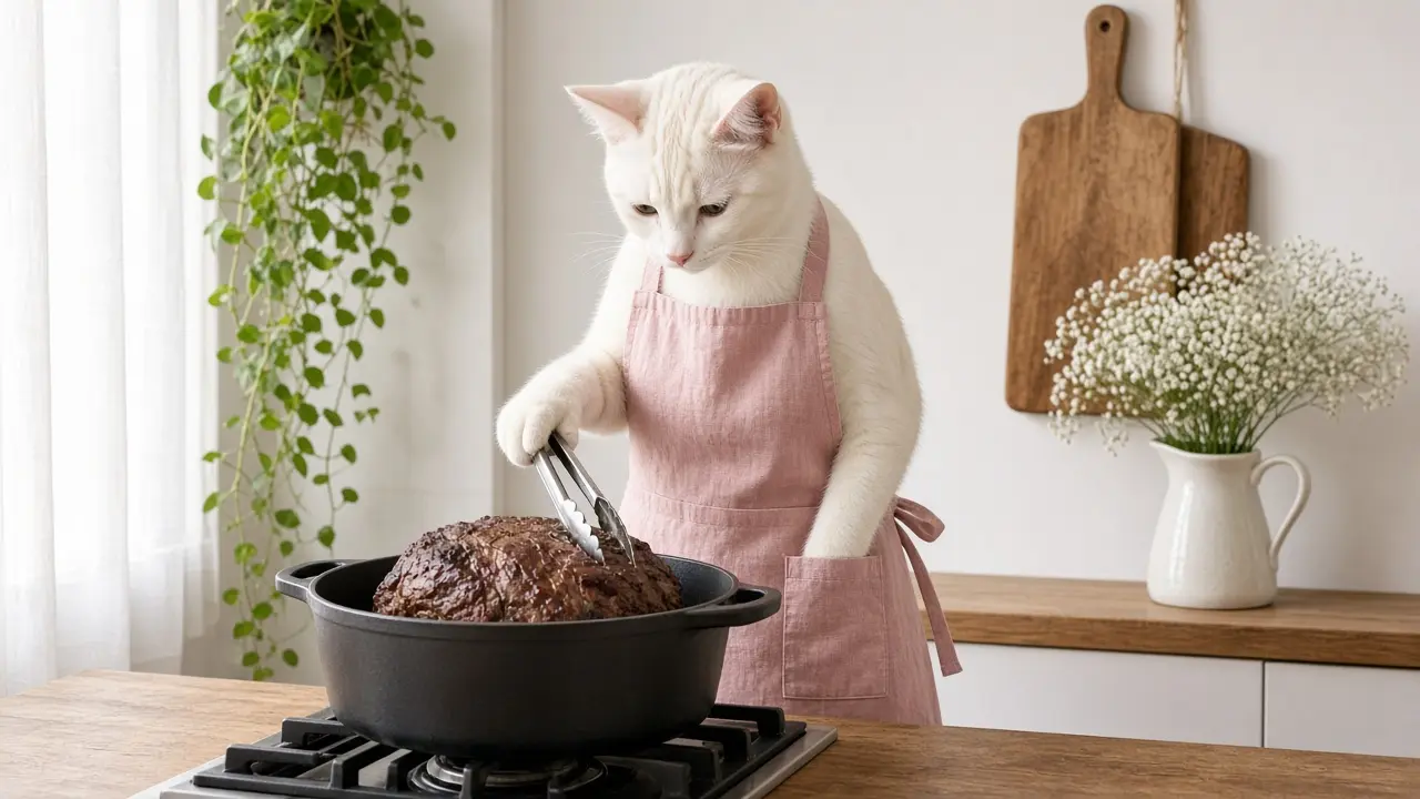 A cream-coloured cat in a pink apron, cooking this dish