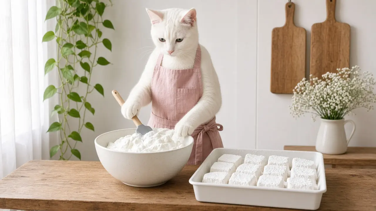 A cream-coloured cat in a pink apron, cooking this dish