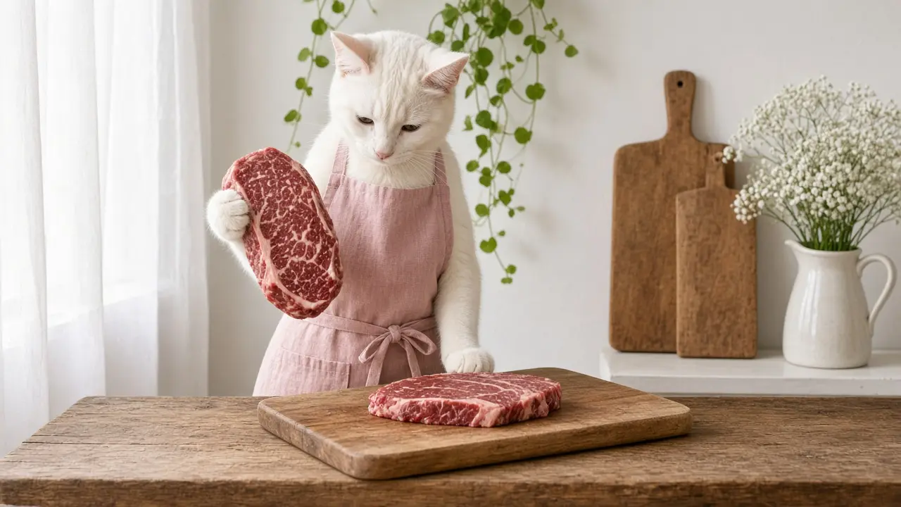 A cream-coloured cat in a pink apron, cooking this dish