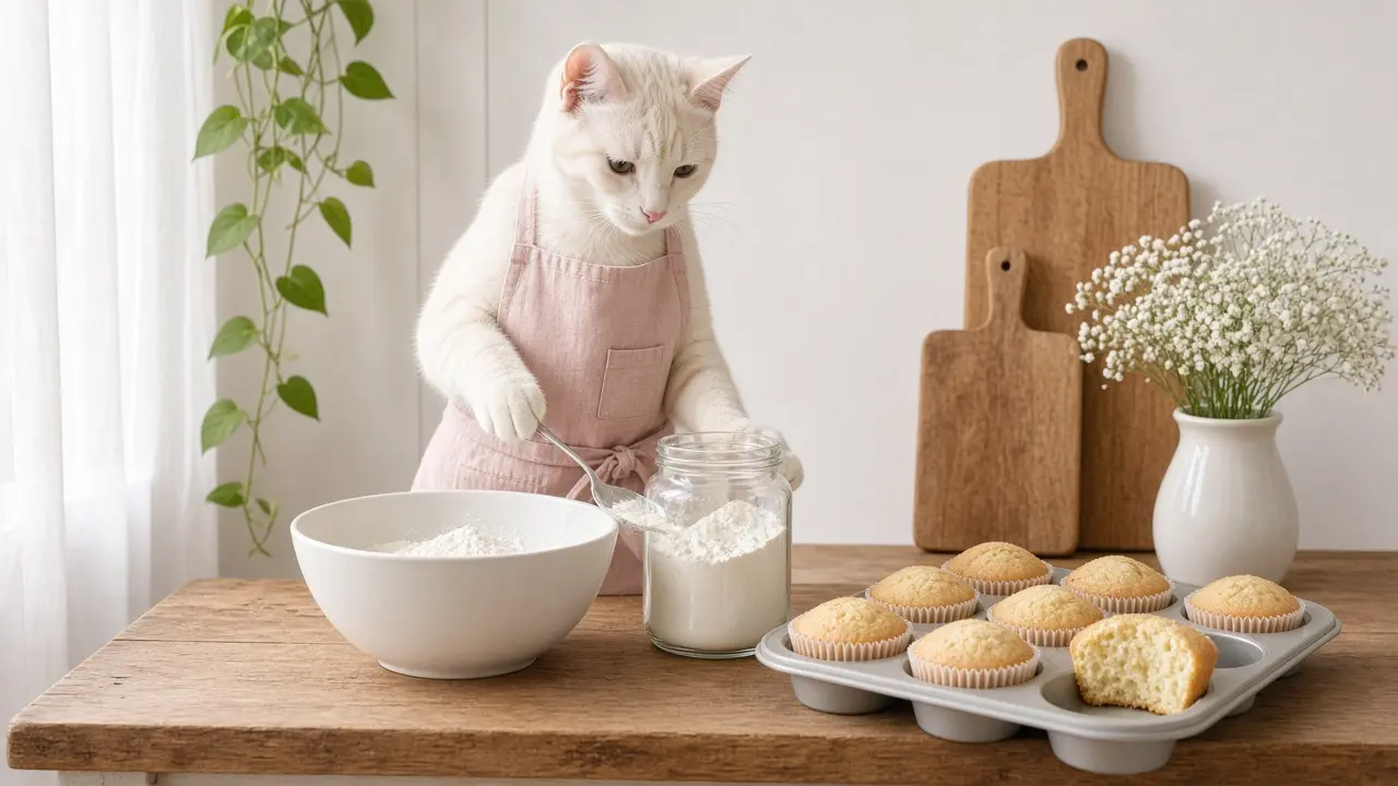 A cream-coloured cat in a pink apron, cooking this dish