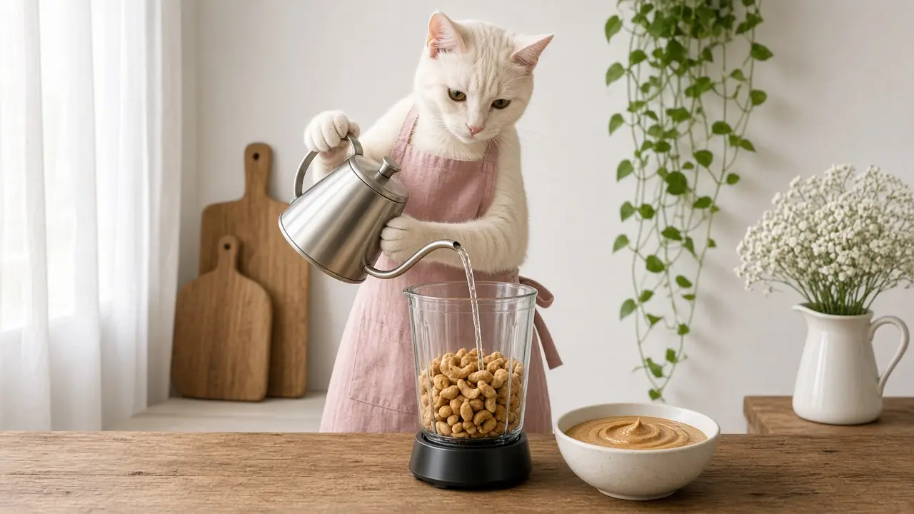 A cream-coloured cat in a pink apron, cooking this dish