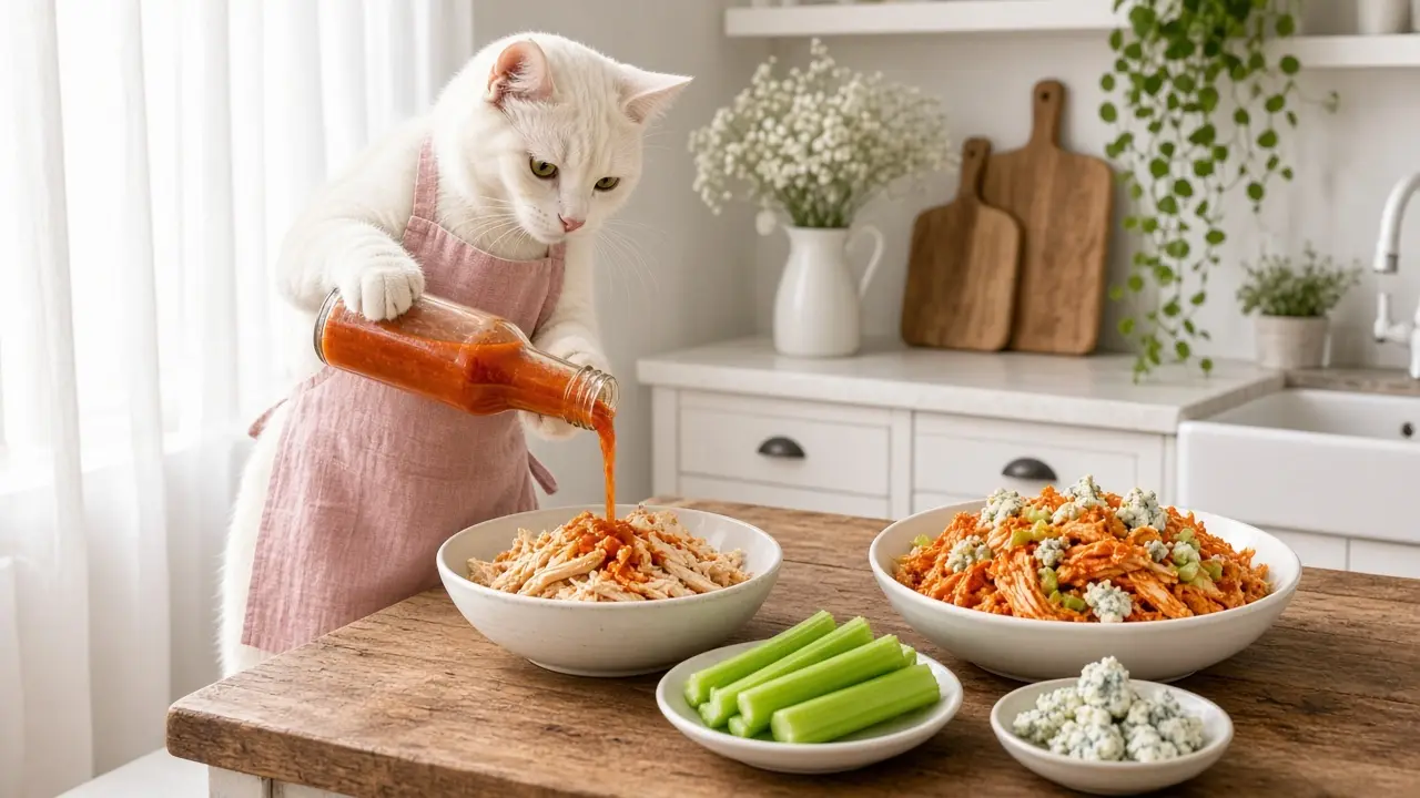 A cream-coloured cat in a pink apron, cooking this dish