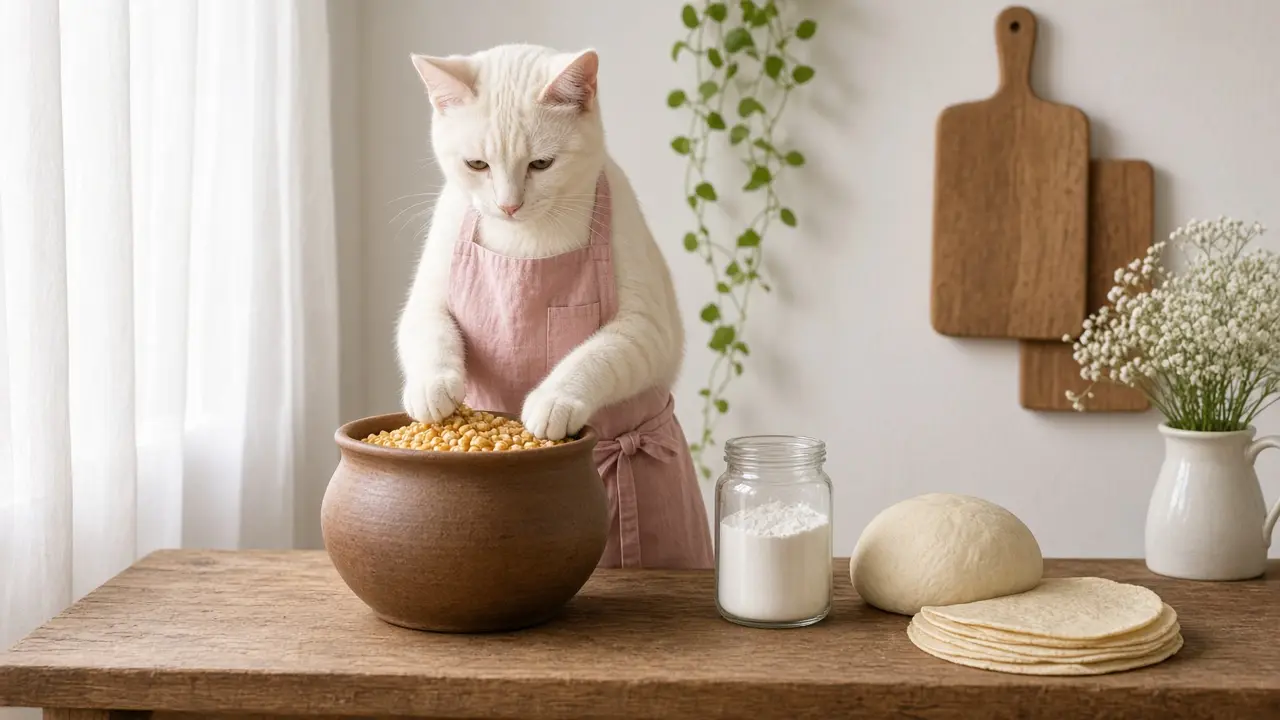 A cream-coloured cat in a pink apron, cooking this dish