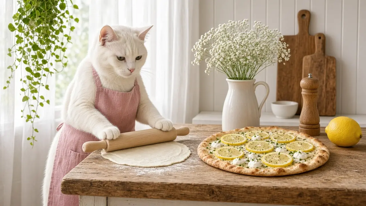 A cream-coloured cat in a pink apron, cooking this dish