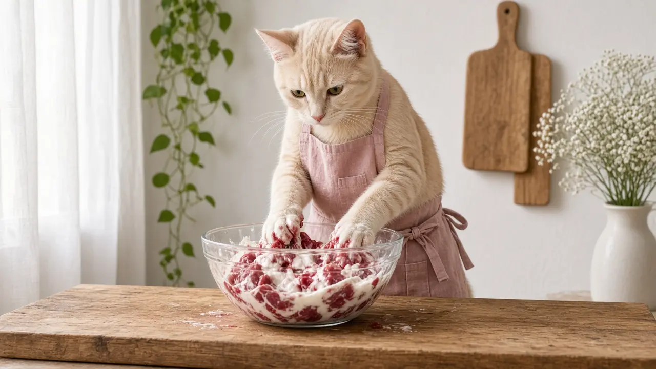 A cream-coloured cat in a pink apron, cooking this dish