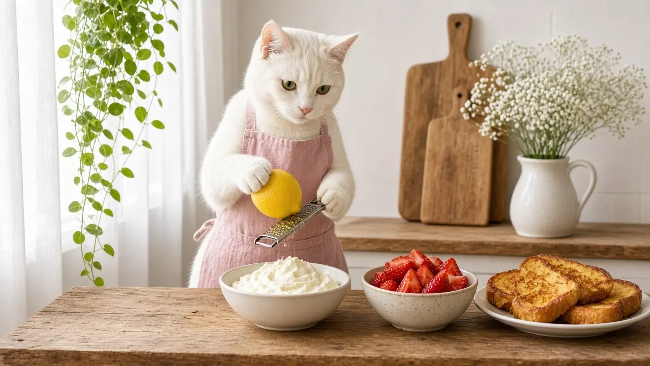 A cream-coloured cat in a pink apron, cooking this dish