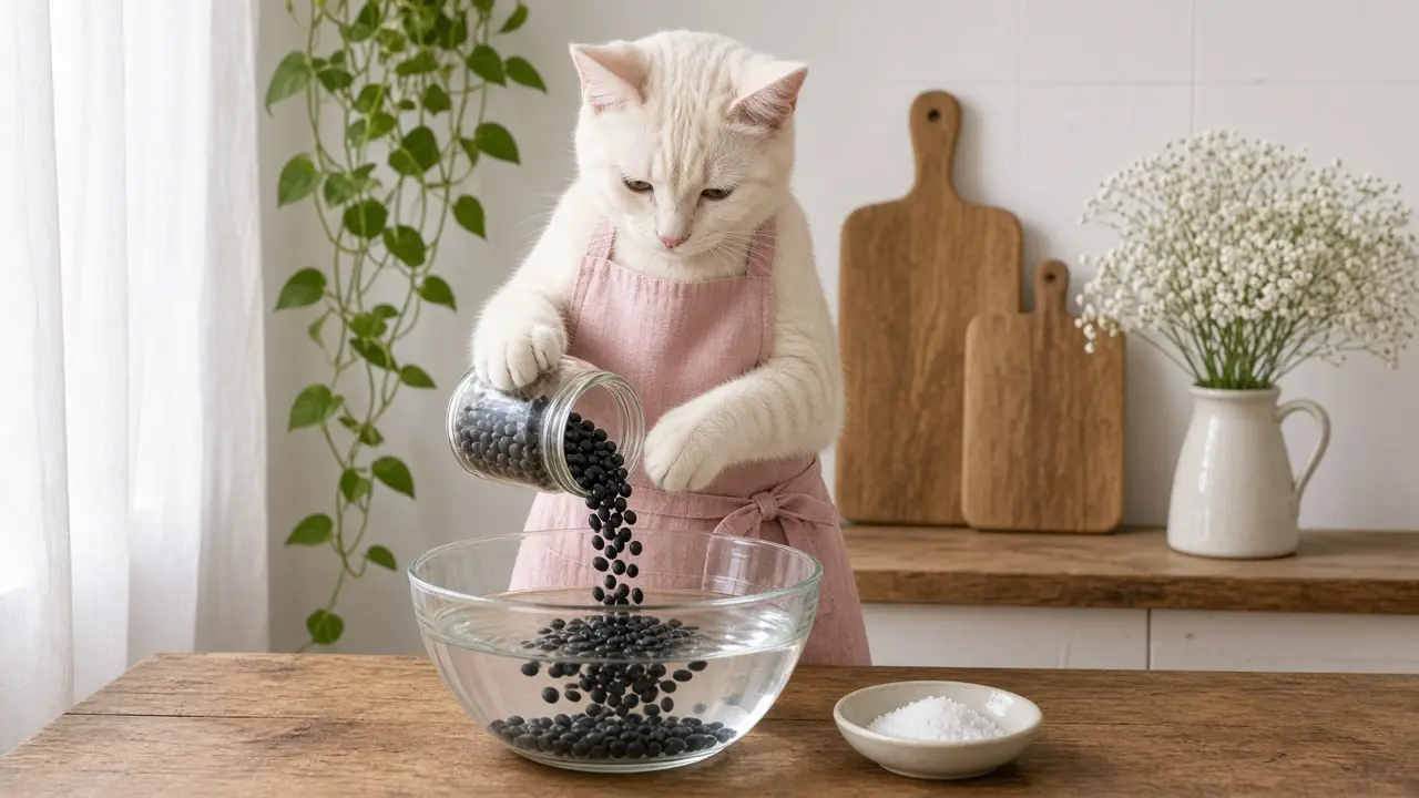 A cream-coloured cat in a pink apron, cooking this dish