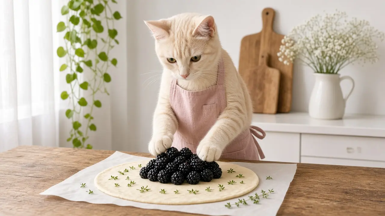 A cream-coloured cat in a pink apron, cooking this dish