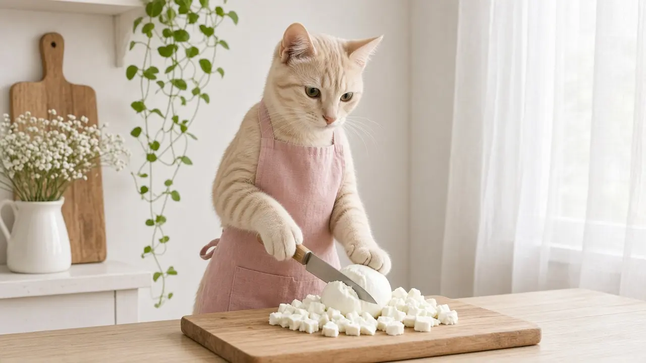 A cream-coloured cat in a pink apron, cooking this dish