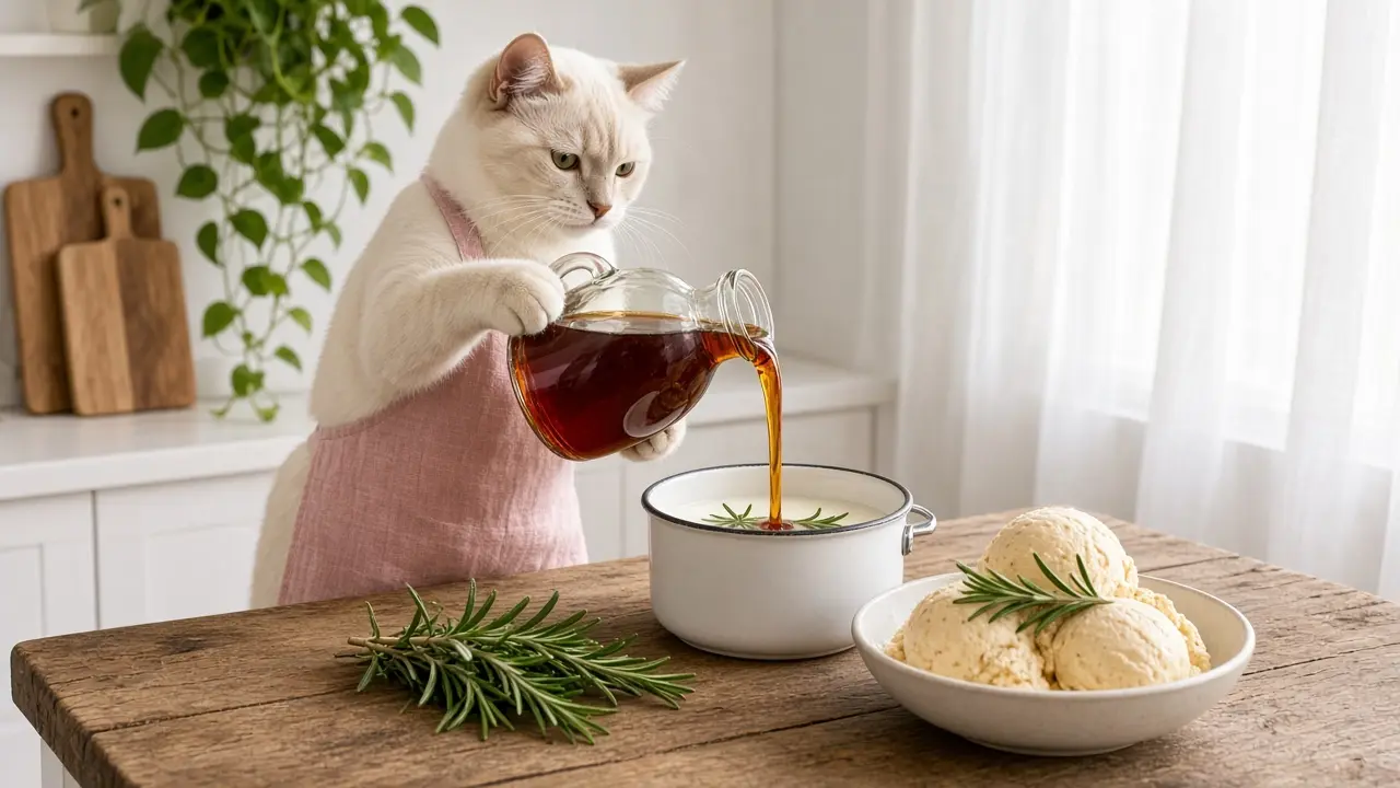 A cream-coloured cat in a pink apron, cooking this dish
