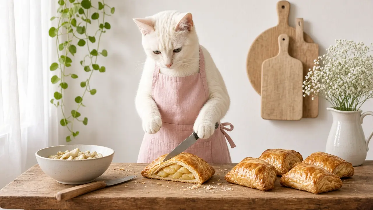 A cream-coloured cat in a pink apron, cooking this dish
