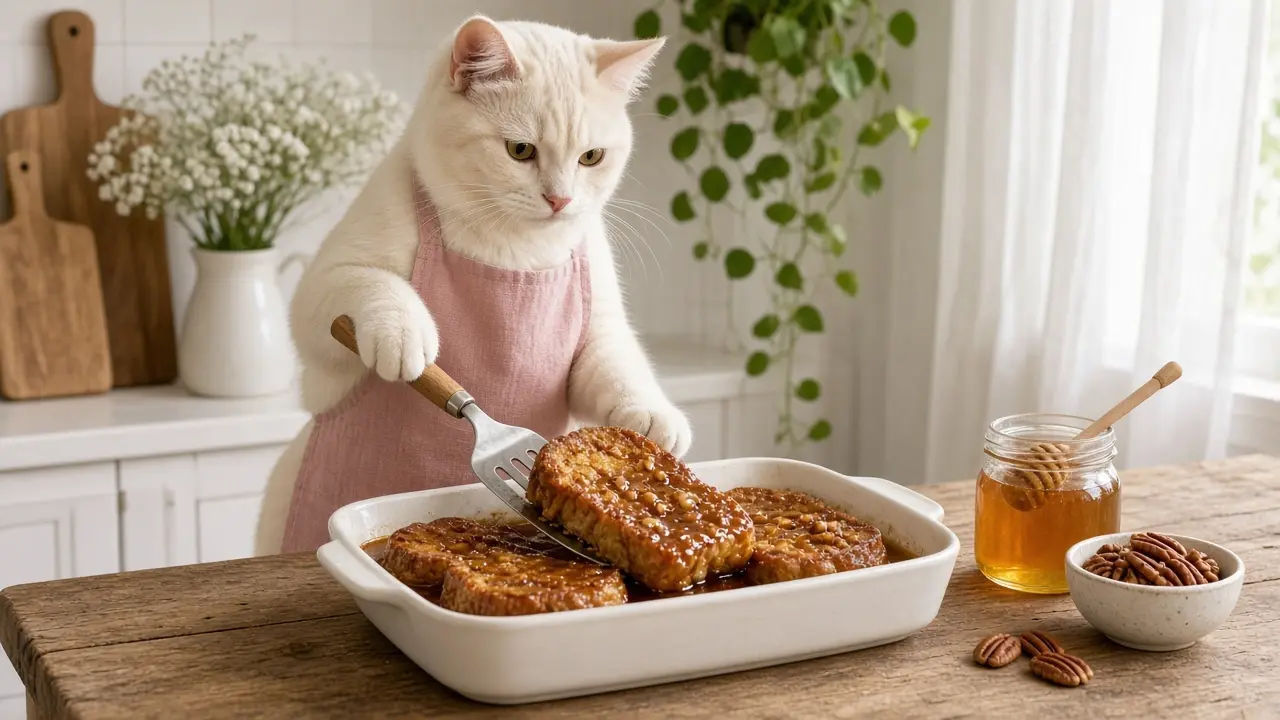 A cream-coloured cat in a pink apron, cooking this dish