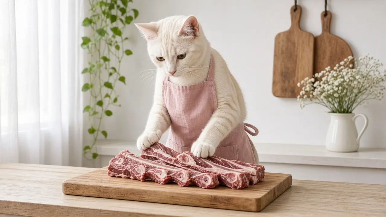 A cream-coloured cat in a pink apron, cooking this dish