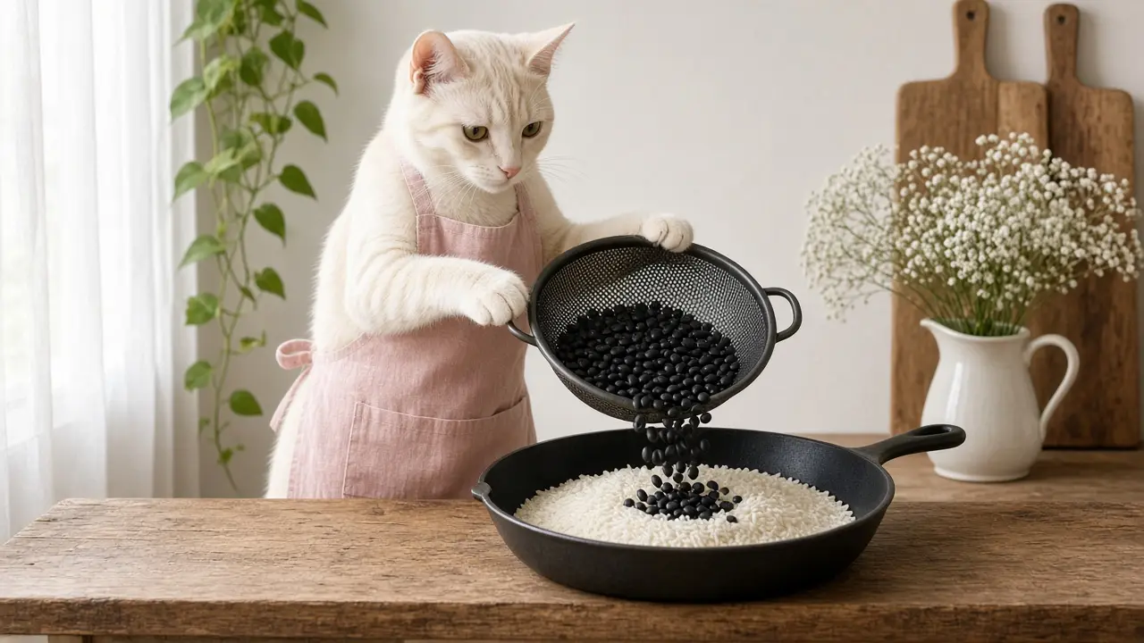 A cream-coloured cat in a pink apron, cooking this dish