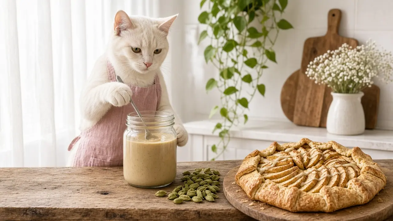 A cream-coloured cat in a pink apron, cooking this dish
