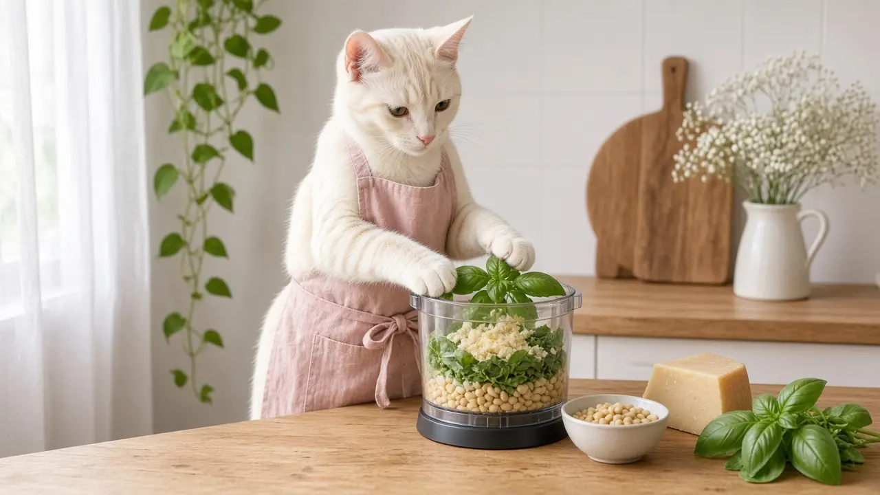 A cream-coloured cat in a pink apron, cooking this dish