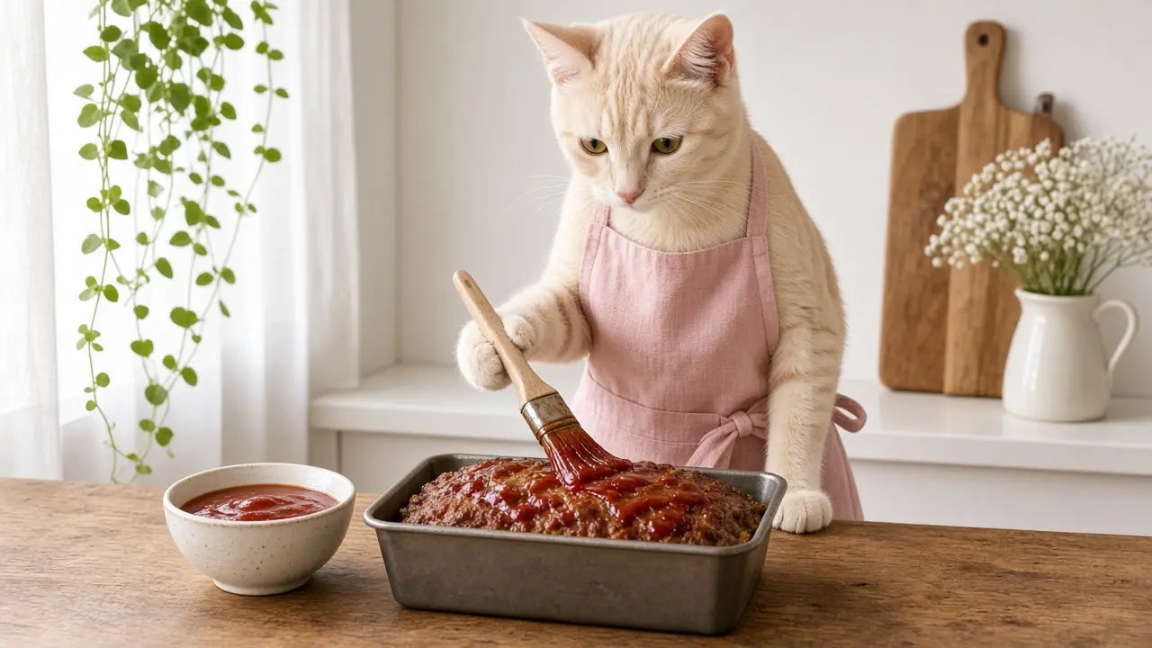 A cream-coloured cat in a pink apron, cooking this dish