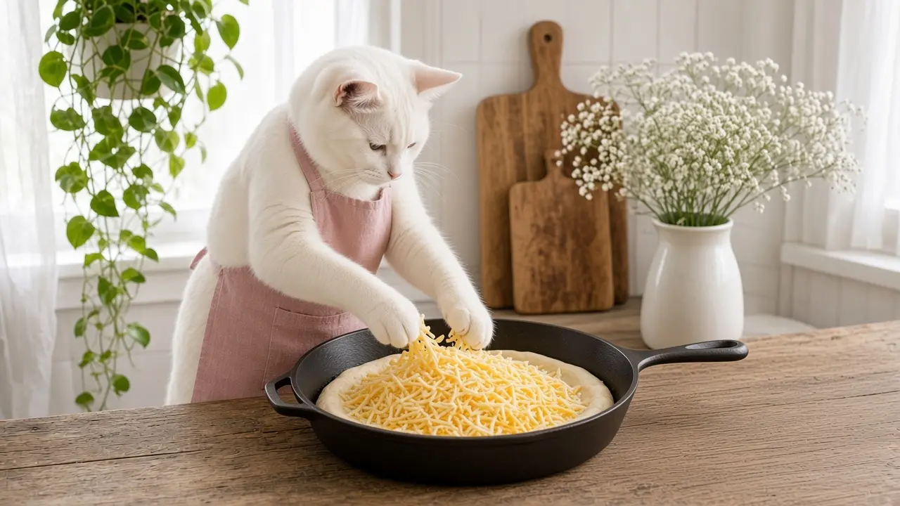A cream-coloured cat in a pink apron, cooking this dish