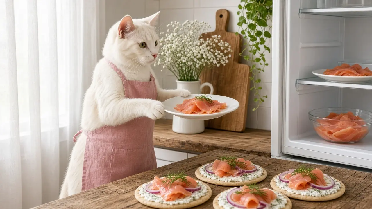 A cream-coloured cat in a pink apron, cooking this dish