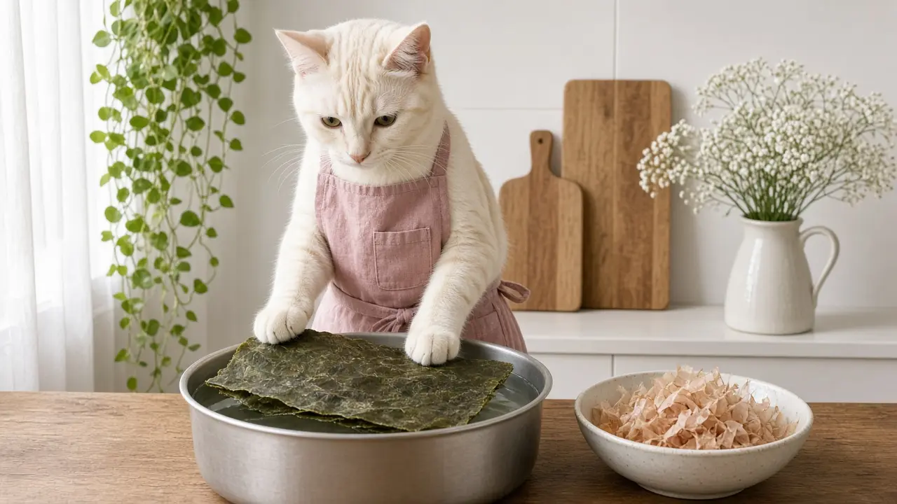 A cream-coloured cat in a pink apron, cooking this dish
