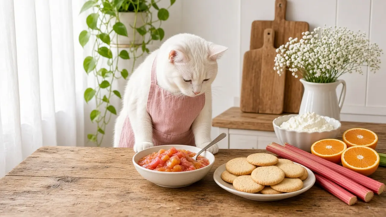 A cream-coloured cat in a pink apron, cooking this dish