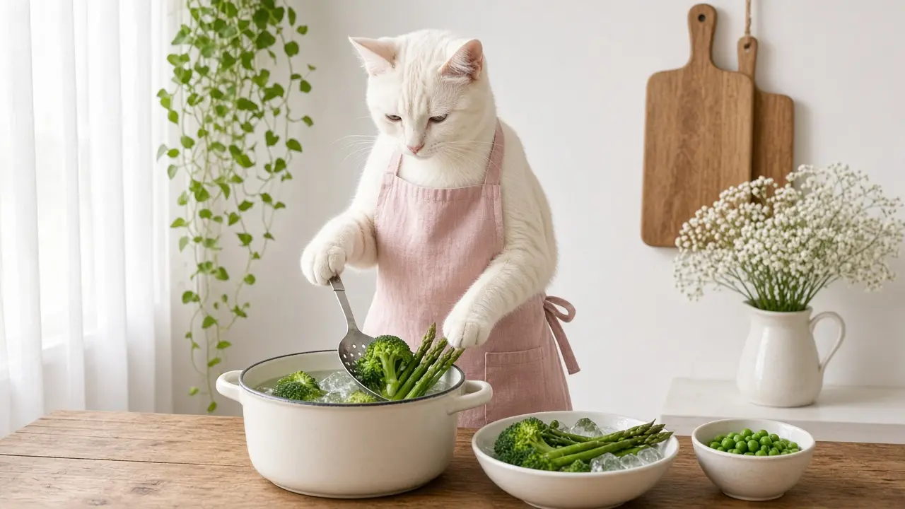 A cream-coloured cat in a pink apron, cooking this dish