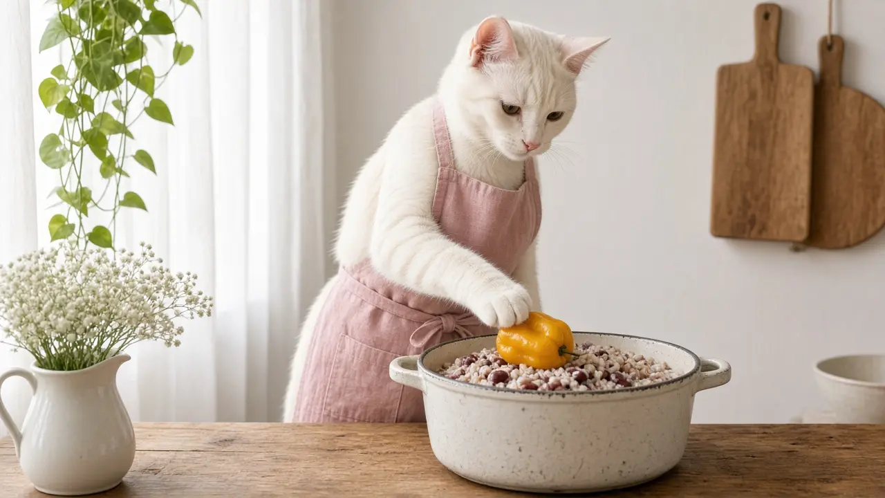 A cream-coloured cat in a pink apron, cooking this dish