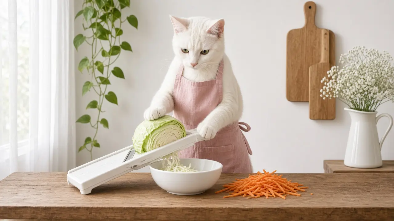 A cream-coloured cat in a pink apron, cooking this dish
