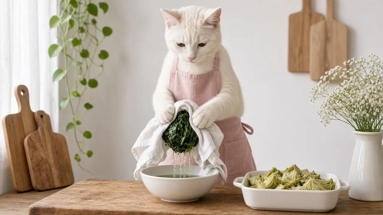 A cream-coloured cat in a pink apron, cooking this dish