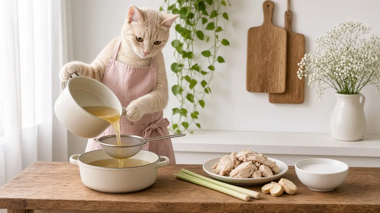 A cream-coloured cat in a pink apron, cooking this dish