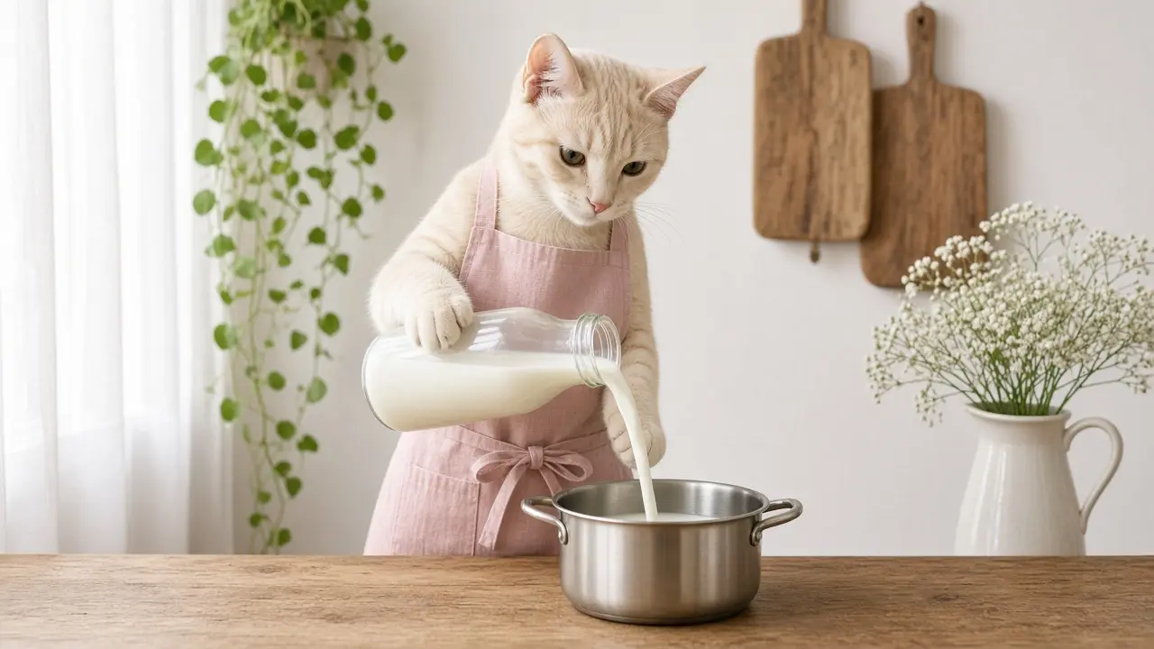 A cream-coloured cat in a pink apron, cooking this dish