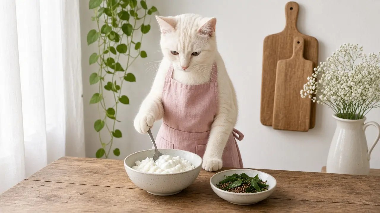 A cream-coloured cat in a pink apron, cooking this dish