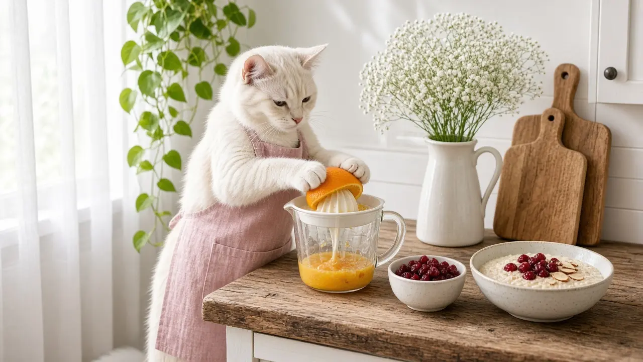 A cream-coloured cat in a pink apron, cooking this dish