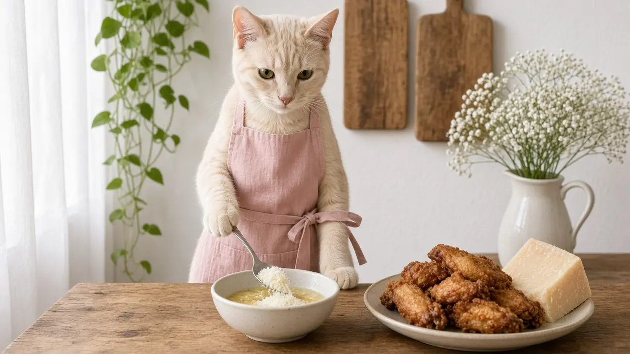 A cream-coloured cat in a pink apron, cooking this dish