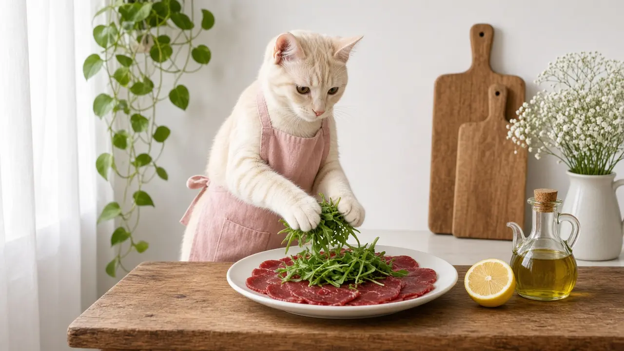 A cream-coloured cat in a pink apron, cooking this dish