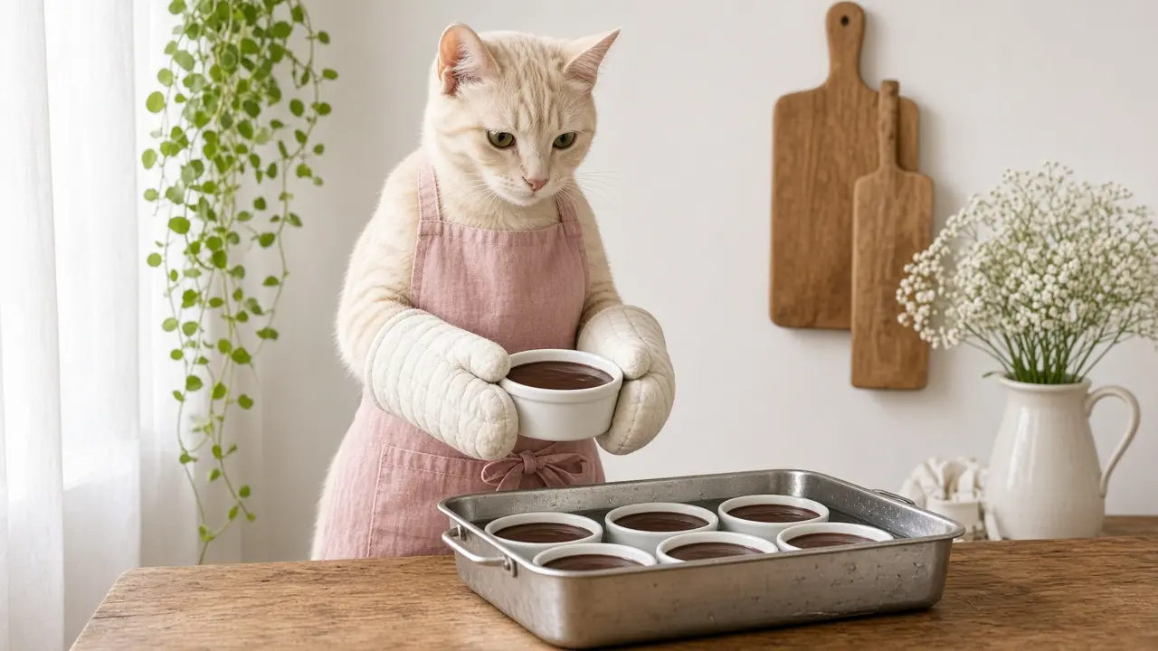 A cream-coloured cat in a pink apron, cooking this dish