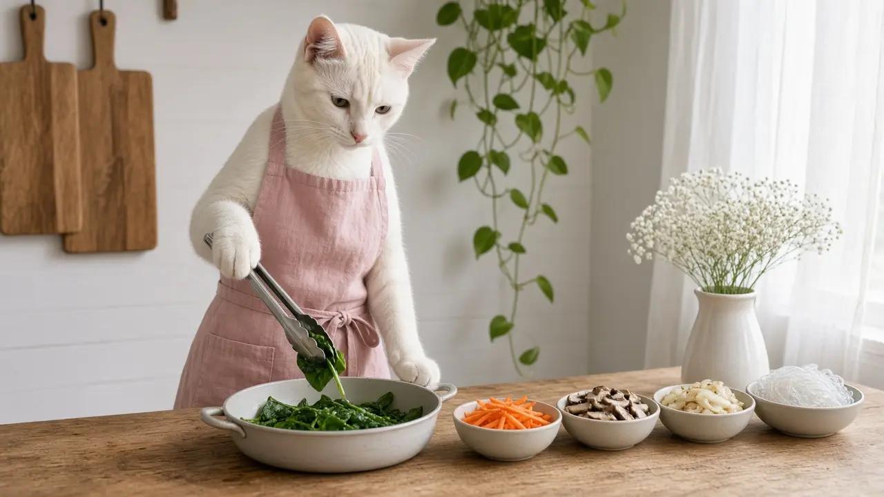 A cream-coloured cat in a pink apron, cooking this dish