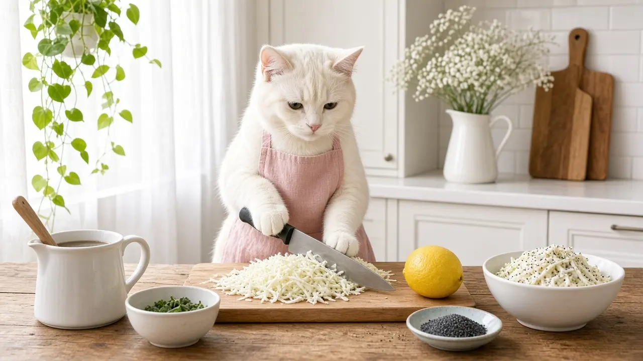 A cream-coloured cat in a pink apron, cooking this dish