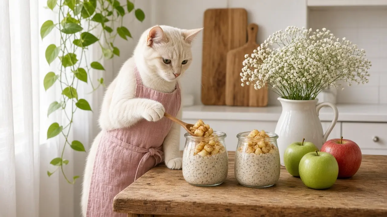 A cream-coloured cat in a pink apron, cooking this dish