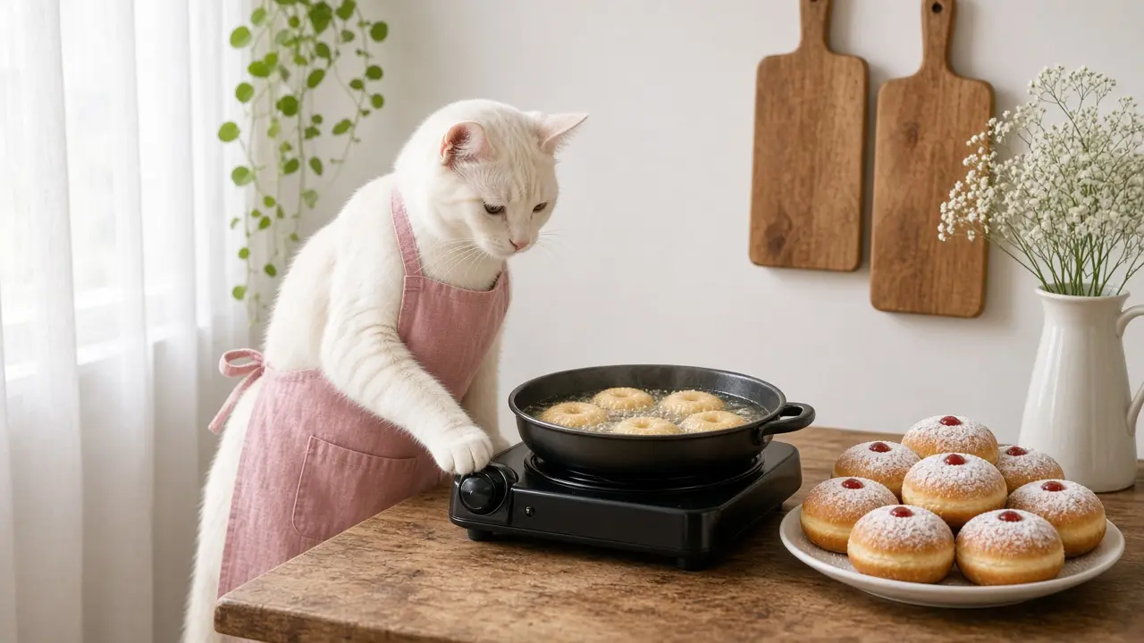 A cream-coloured cat in a pink apron, cooking this dish