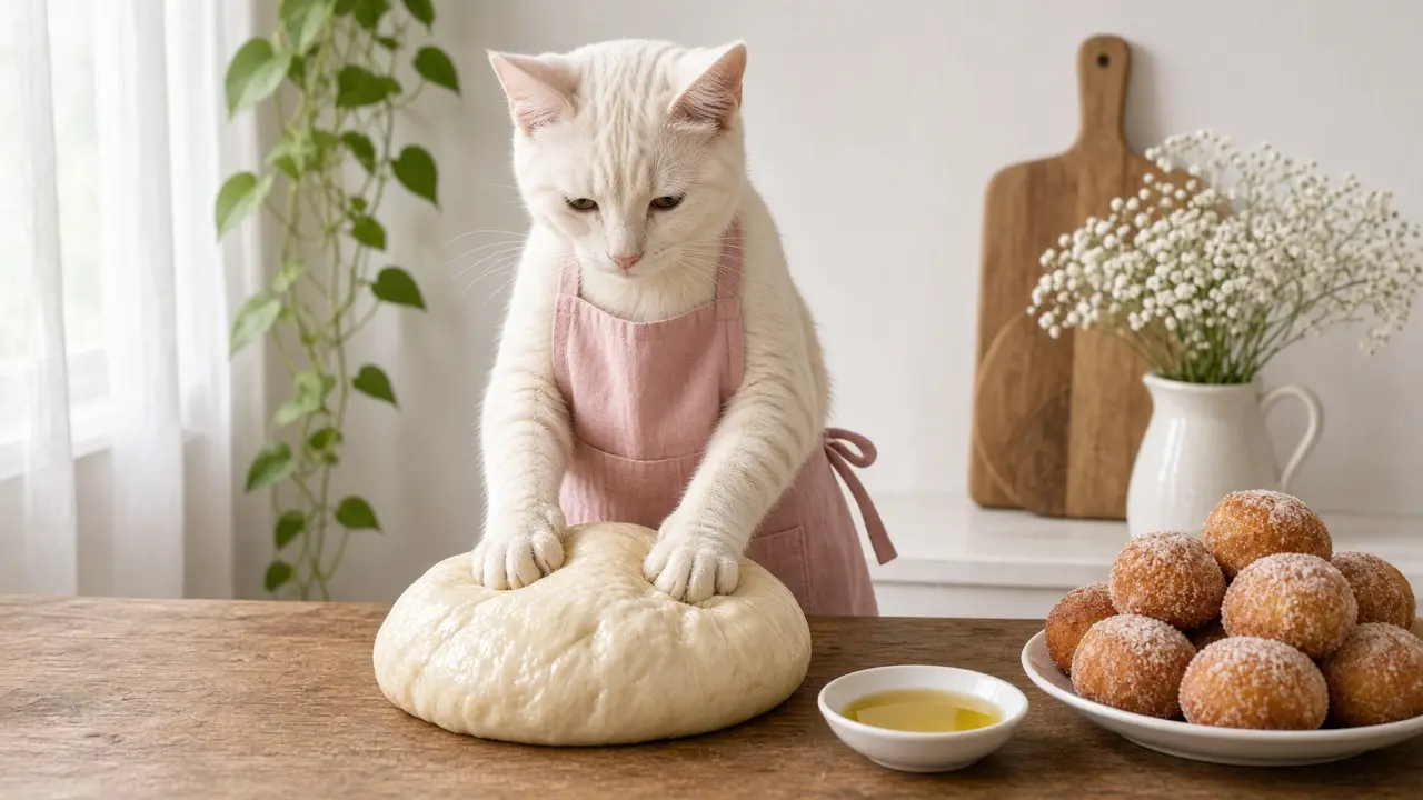 A cream-coloured cat in a pink apron, cooking this dish