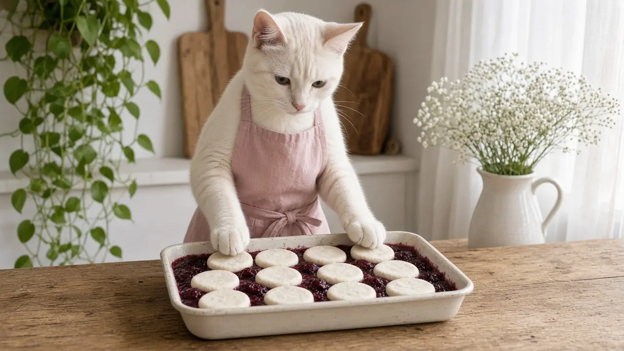 A cream-coloured cat in a pink apron, cooking this dish