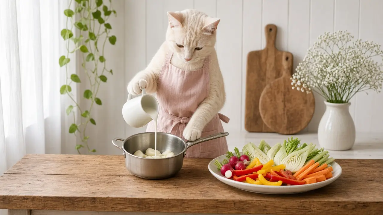 A cream-coloured cat in a pink apron, cooking this dish