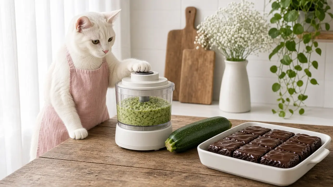 A cream-coloured cat in a pink apron, cooking this dish