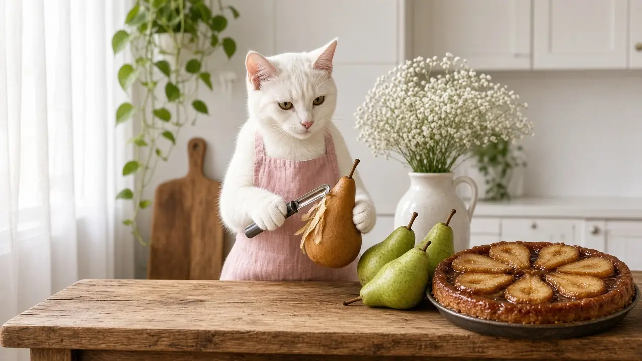 A cream-coloured cat in a pink apron, cooking this dish
