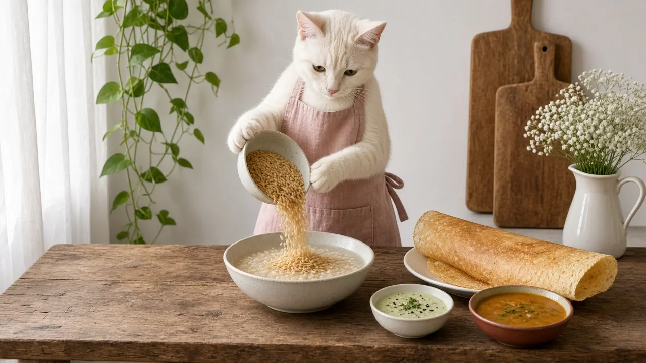 A cream-coloured cat in a pink apron, cooking this dish