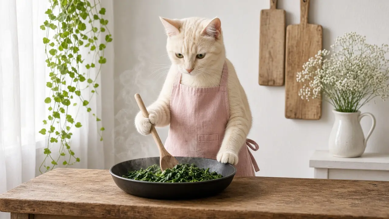 A cream-coloured cat in a pink apron, cooking this dish