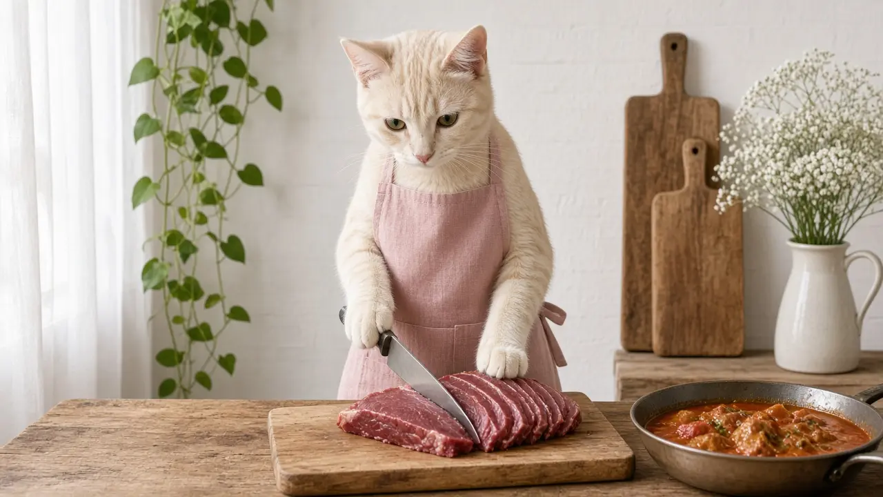 A cream-coloured cat in a pink apron, cooking this dish