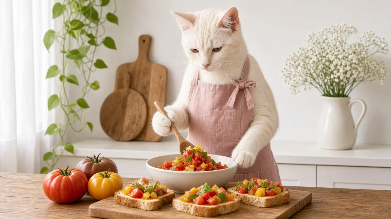 A cream-coloured cat in a pink apron, cooking this dish